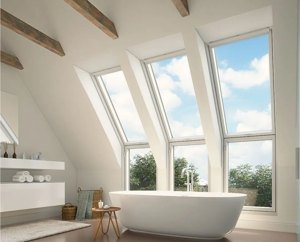 Skylights in a loft bathroom with no shutters yet