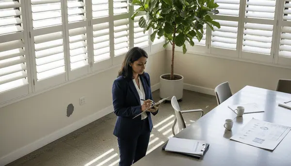 Facilities manager inspects commercial office shutters