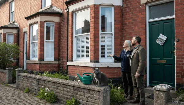 Couple outside Victorian home with custom shutters