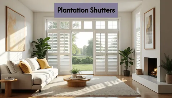 Modern living room with white plantation shutters