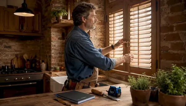 Carpenter inspecting wooden window shutters installation