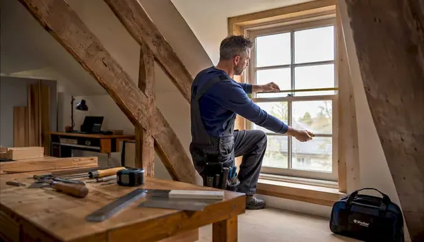 Carpenter measuring loft window for shutters