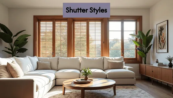 Contemporary living room with classic wooden shutters