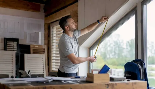 Craftsman measuring raked ceiling window interior