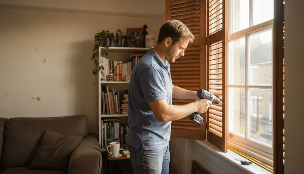 Installer fitting hardwood living room shutters