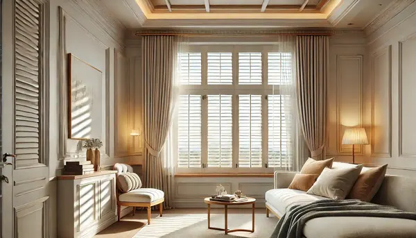 Detailed and stylish interior view featuring elegant plantation window