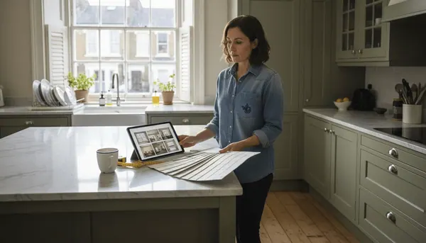 Designer choosing shutter finishes in real kitchen