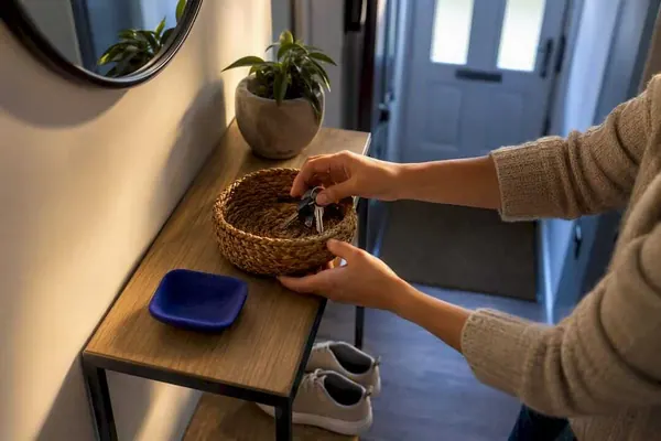 Hands placing keys in hallway basket