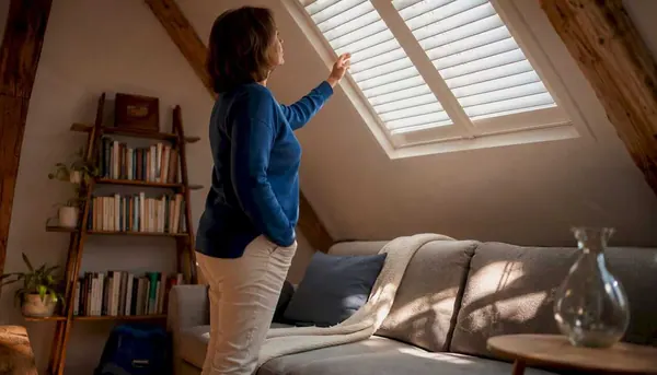 Homeowner inspecting installed skylight shutters