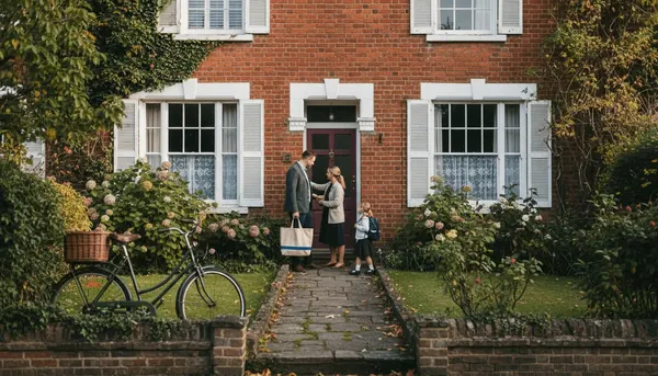 UK family approaching home with white shutters