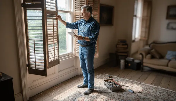 Man inspecting broken window shutters