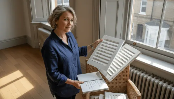 Designer comparing shutter panels at bespoke window
