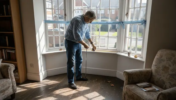 Homeowner measuring bay window for shutters