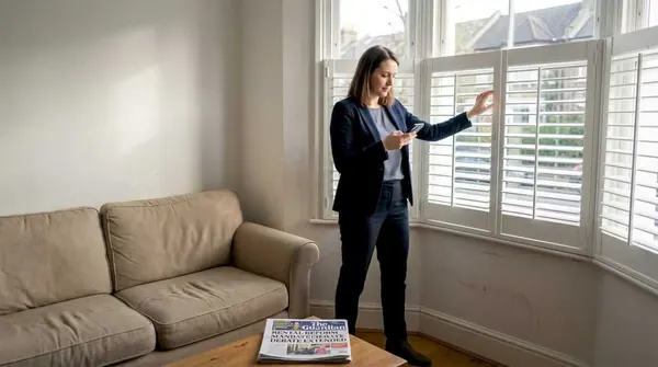 Landlord inspecting shutters in rental living room