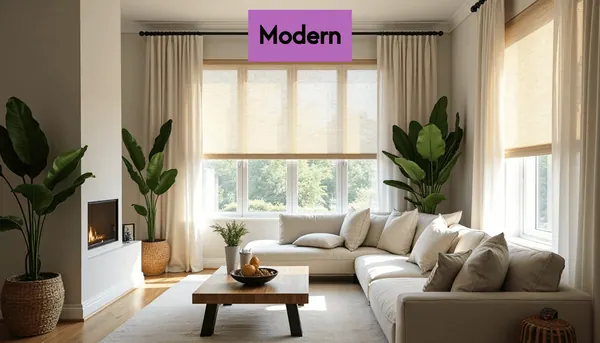 Modern living room with sheer curtains and roller blinds