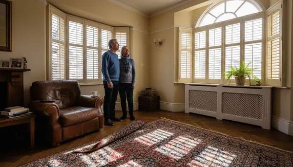 Victorian home with couple admiring window shutters