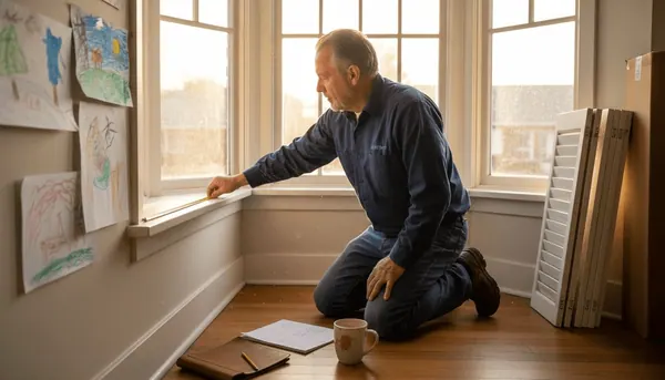 Installer measures bay window for shutters