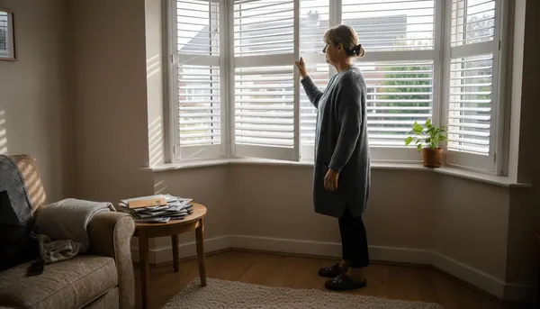 Woman adjusting light filtering shutters in UK living room