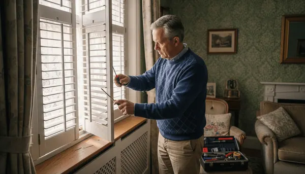 Homeowner inspecting wooden window shutters