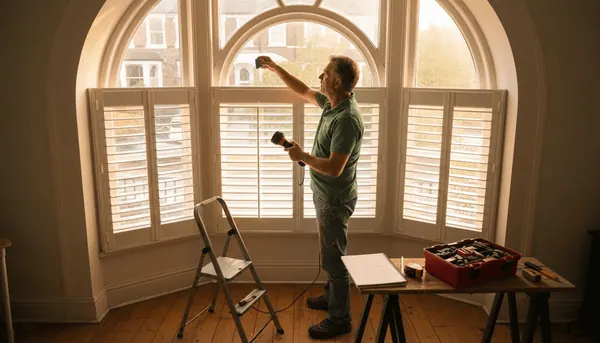 Expert inspects and repairs arched window shutters