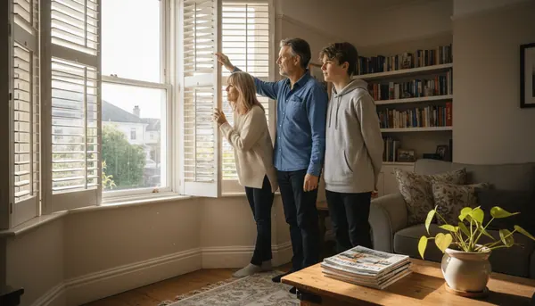 Family adjusts shutters for ventilation in living room