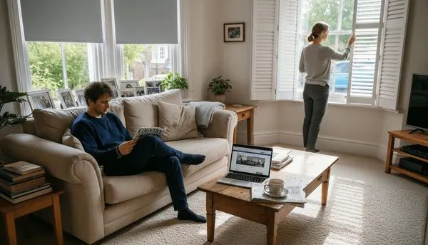 Couple with shutters and roller blinds in living room