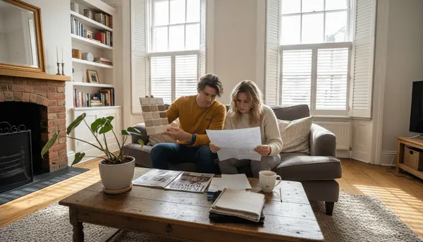 Couple considering interior shutters in living room