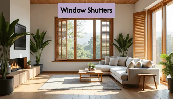 Modern living room with wooden window shutters