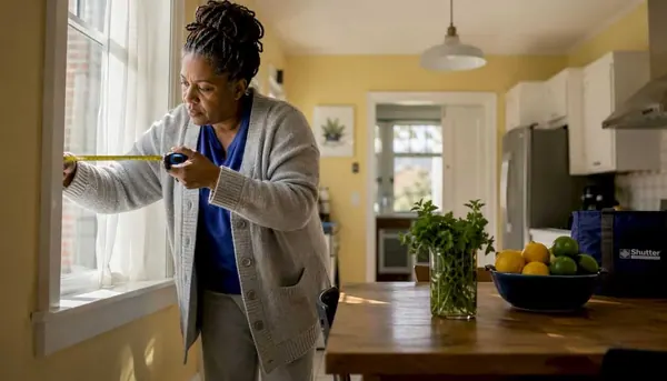 Woman measuring window recess for shutters