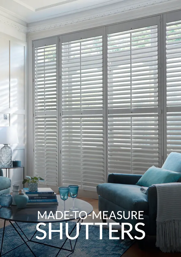 Front cover of the brochure, with made-to-measure shutters in a grey living room