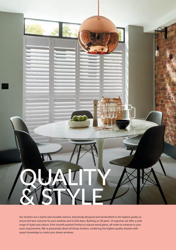 Quality and style page: a dining table under a copper lamp, with white shutters behind