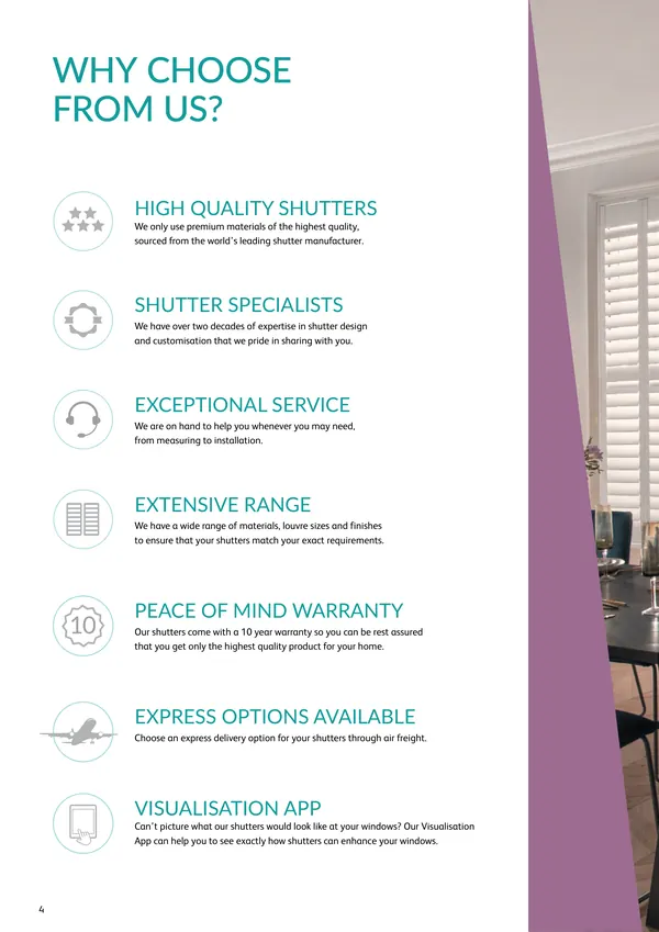 Why choose us page on premium materials, specialist design, service, range, warranty and visualisation