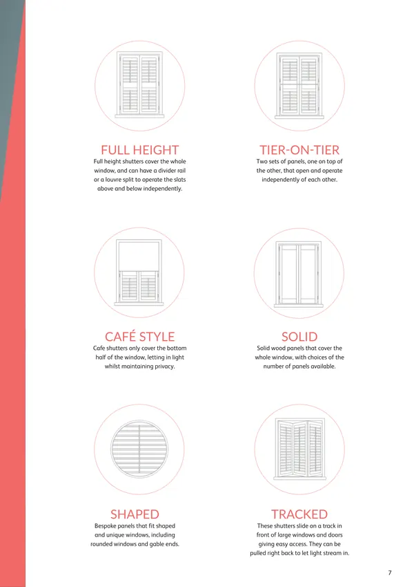 Six shutter styles drawn side by side: full height, tier-on-tier, café style, solid, shaped and tracked