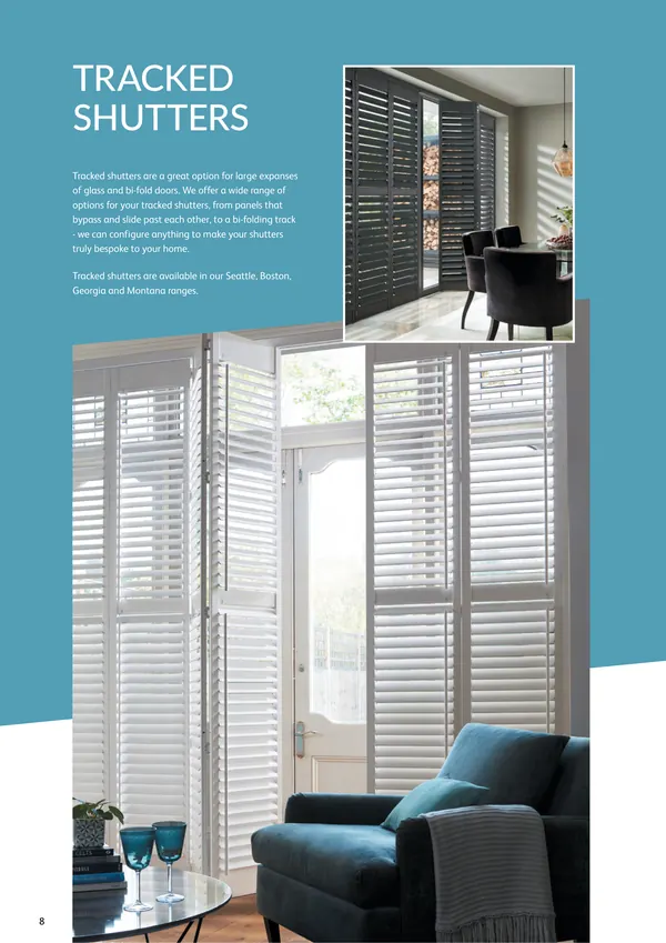 Living room with tracked shutters slid across tall patio doors