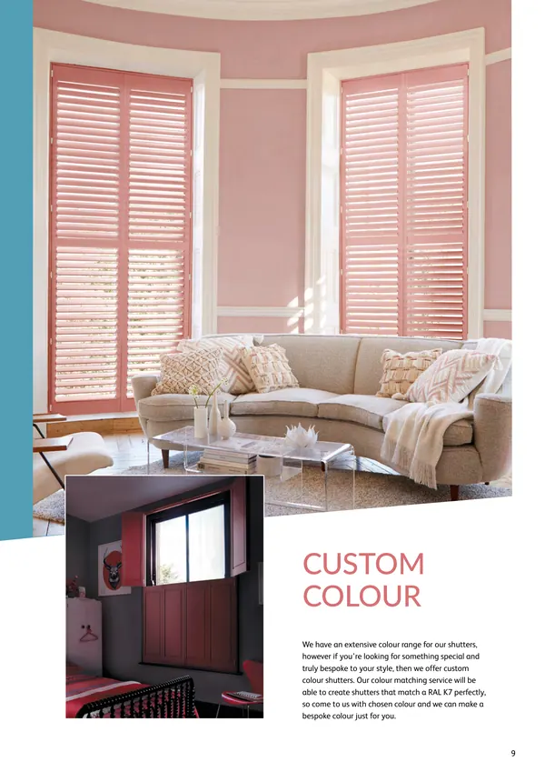 Custom colour page: a sofa in a bay window fitted with pink shutters
