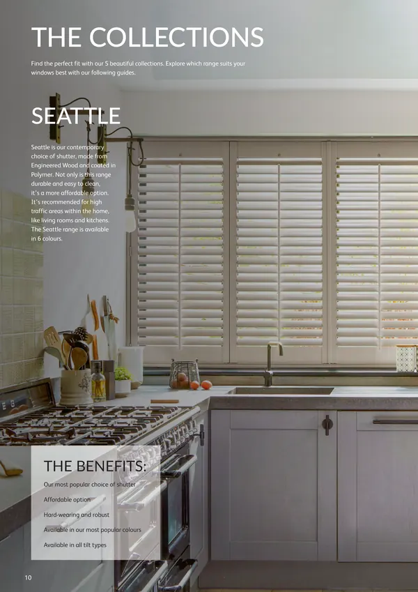 The collections opener, with Seattle shutters on a grey kitchen window