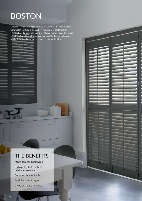 Grey living room bay with Boston hardwood shutters