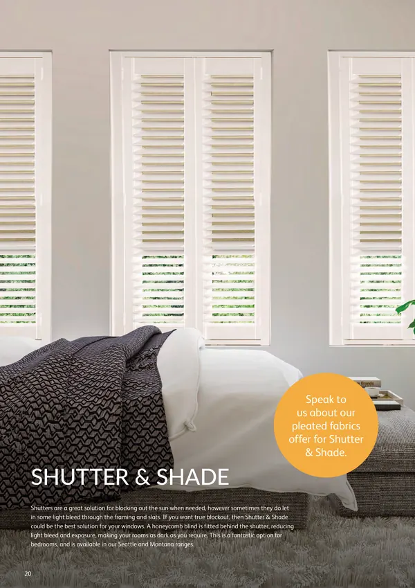 Shutter and Shade page: a bedroom with a honeycomb blind behind the shutters