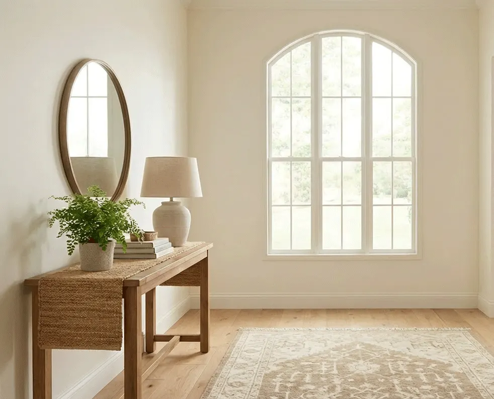 Hallway arched window with no shutters yet