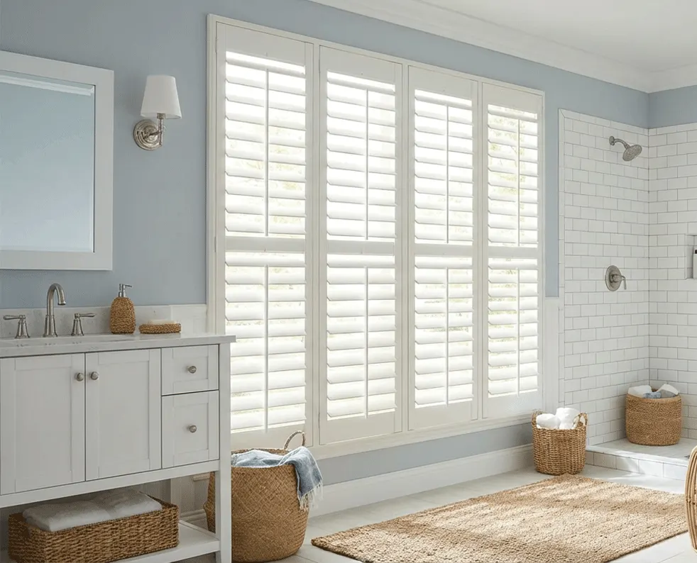 Sash window in a bathroom with shutters added (AI preview)