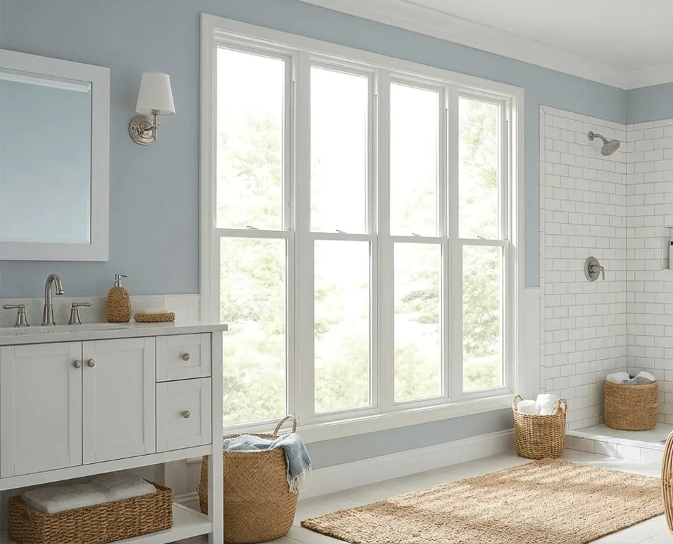 Sash window in a bathroom with no shutters yet