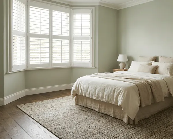 Bedroom bay window fitted with pale plantation shutters on every face