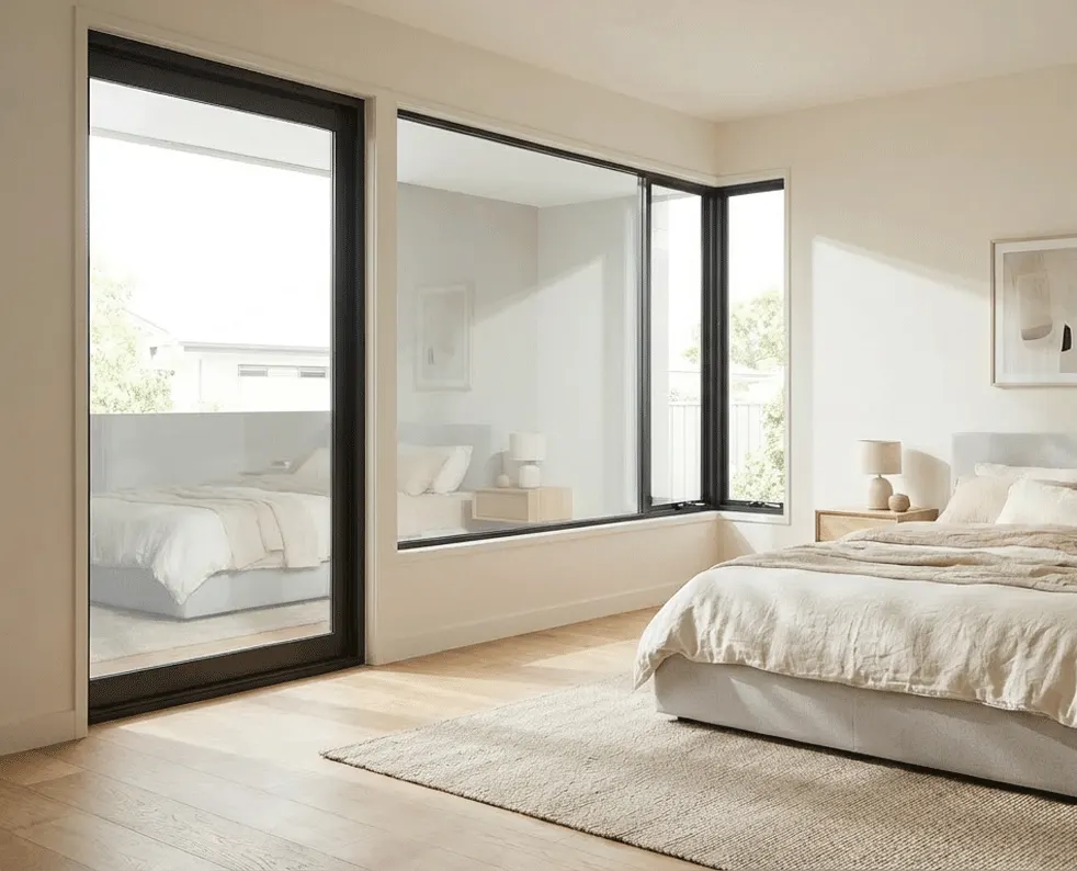 Corner glazing in a bedroom with no shutters yet