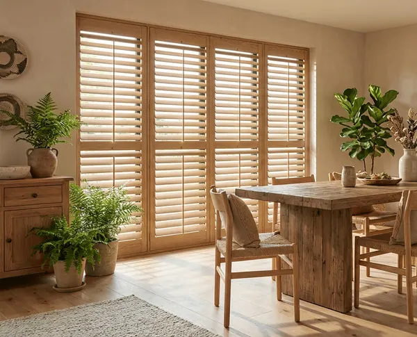 Dining room garden doors with white shutters beside the table