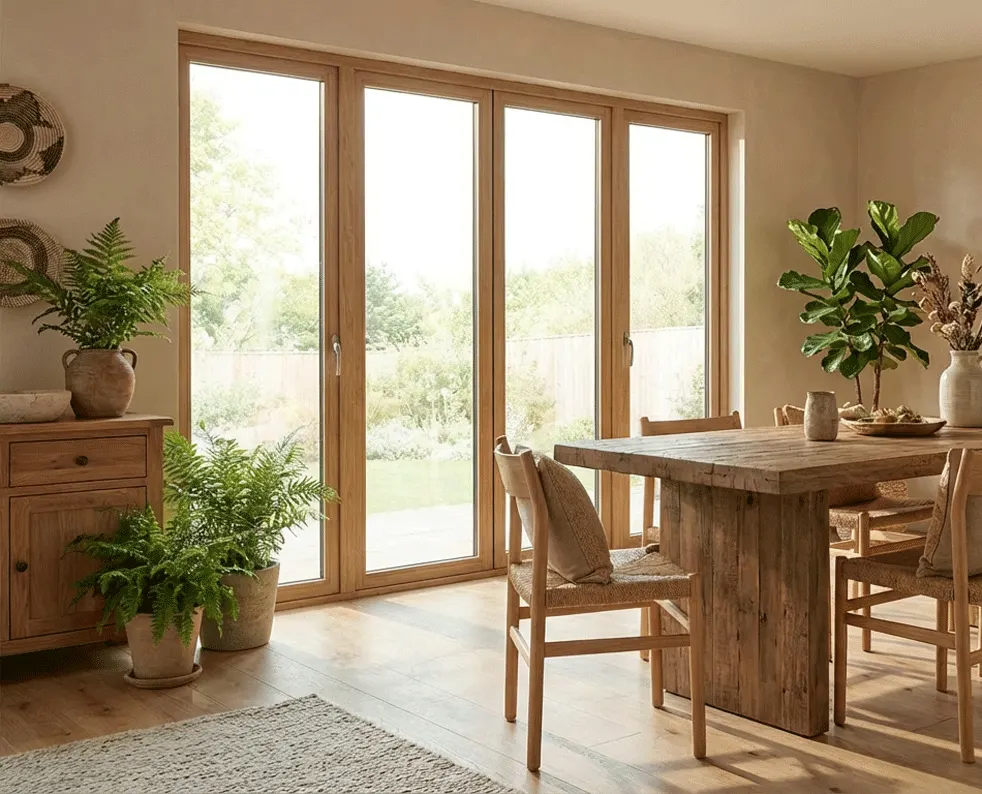 Garden doors off a dining room with no shutters yet