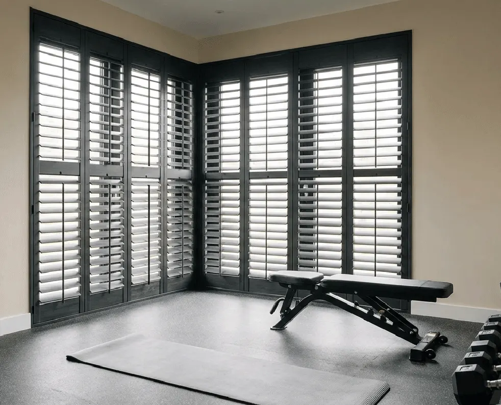 Corner doors in a home gym with shutters added (AI preview)