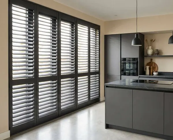 Kitchen patio doors covered by tall shutter panels that fold clear of the glass