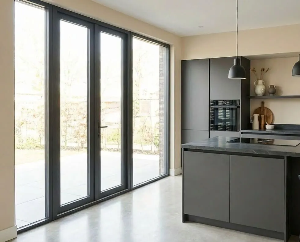 Patio doors off a kitchen with no shutters yet