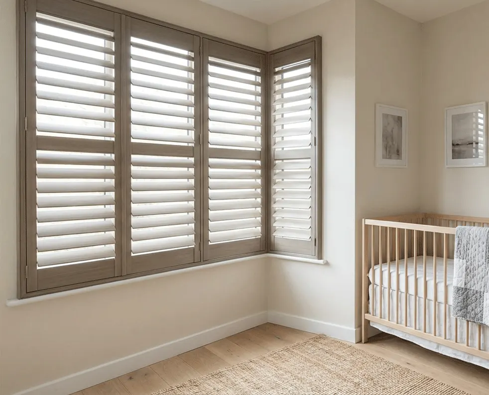 Corner windows in a nursery with shutters added (AI preview)