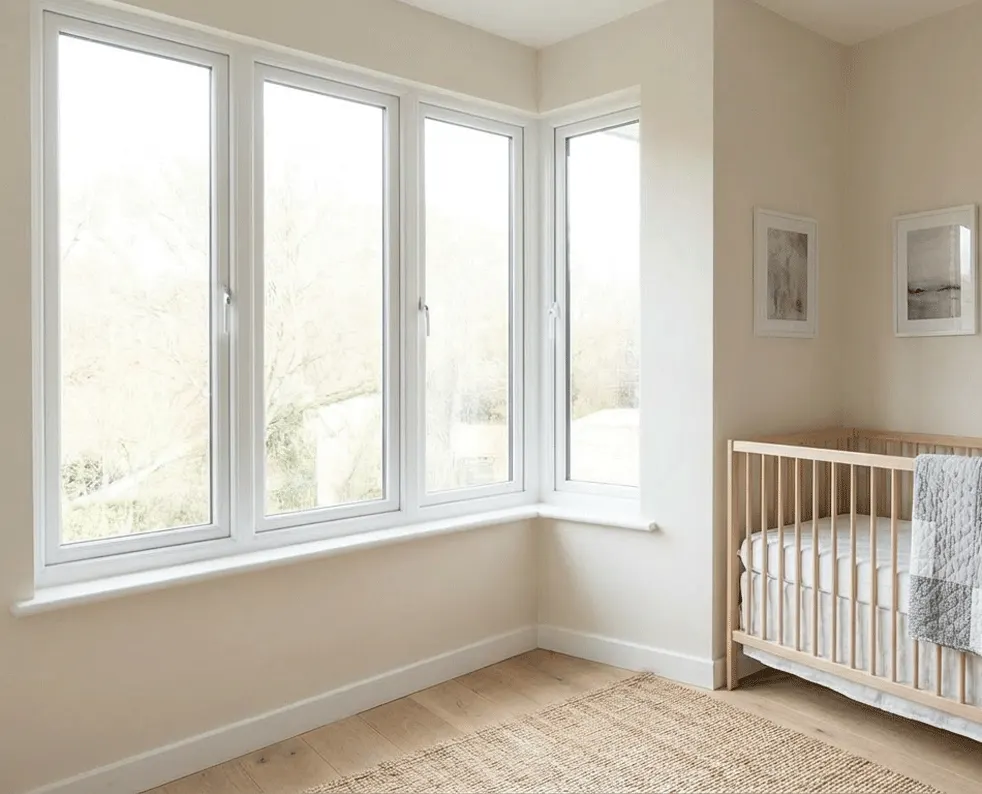 Corner windows in a nursery with no shutters yet